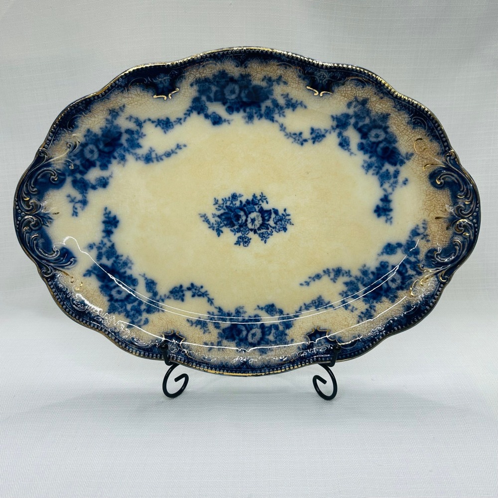 Antique WH Grindley Alton Flow Blue 16" Serving Platter England Gold Trim 1890